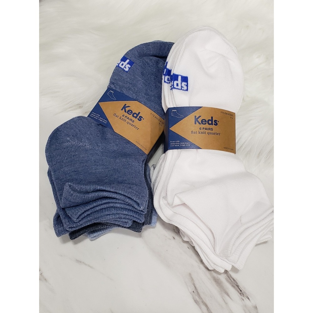 12 TOTAL Keds LOT Flat Knit Quarter Socks Size 6-10 - 2 PACK OF 6 WHITE BLUE